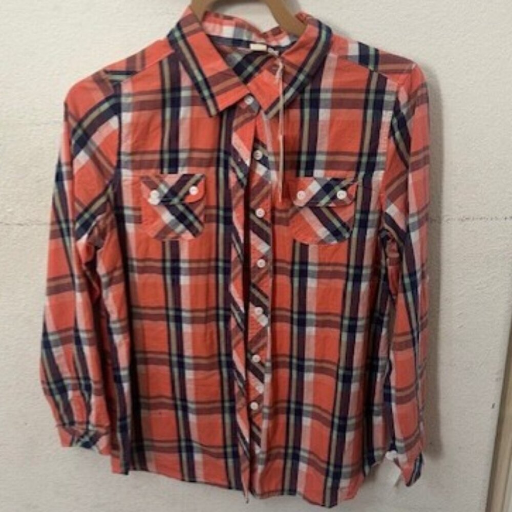 NWT Xiu Yi Fang Women's 42 Shirt Button Down Orange Melon Plaid 100% Cotton NWT - Picture 2 of 3